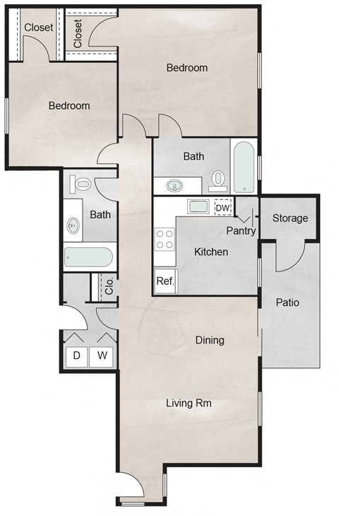 Floor plan for 2 beds, 2 baths, 1140 sqft